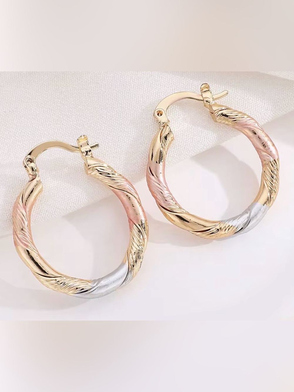 Tri-Tone Twisted Hoop Earrings - Gold, Rose, Silver